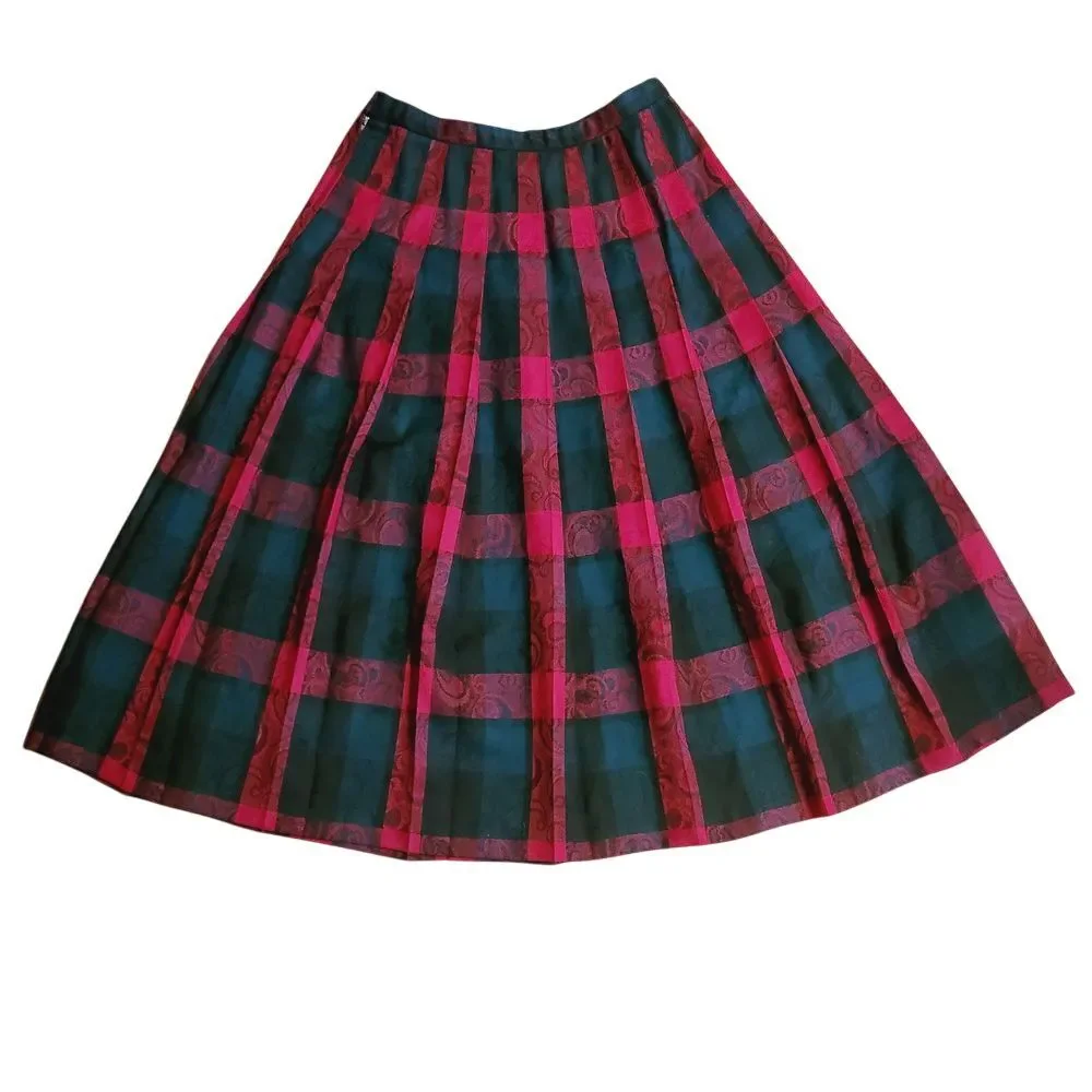 Pendleton Classic Red Black Plaid Paisley Wool Pleated Midi Skirt 12 USA Vintage